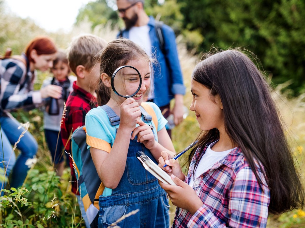 Grupo de alunos a explorar um espaço natural ao ar livre